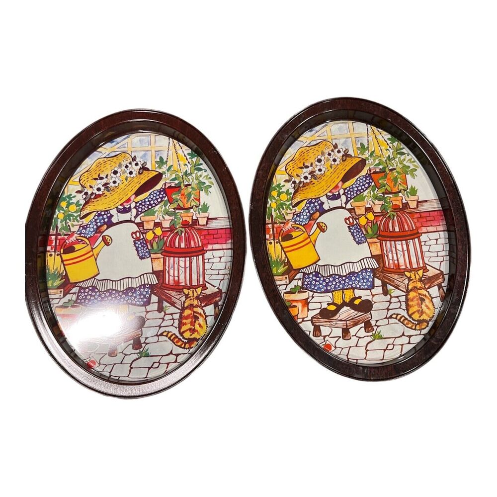 Holly Hobbie And Cat Oval Tin Trays Holly Bonnet Girl Set of 2 Vintage 1970's